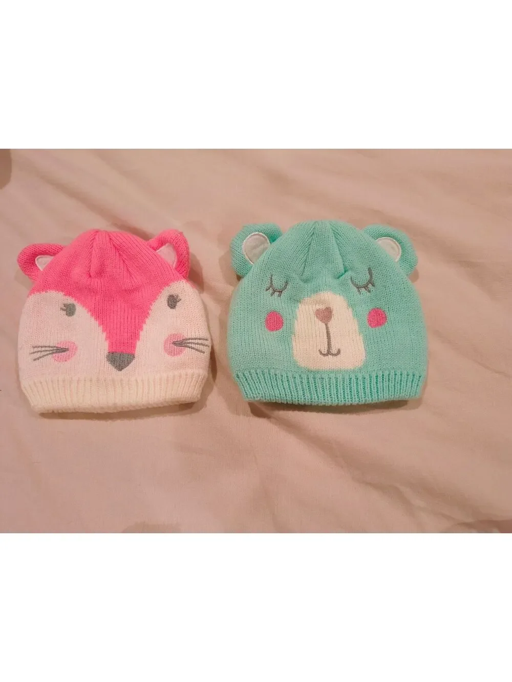 Set of 2 Cute Baby Knit Animal Hats - Pink Fox & Mint Bear